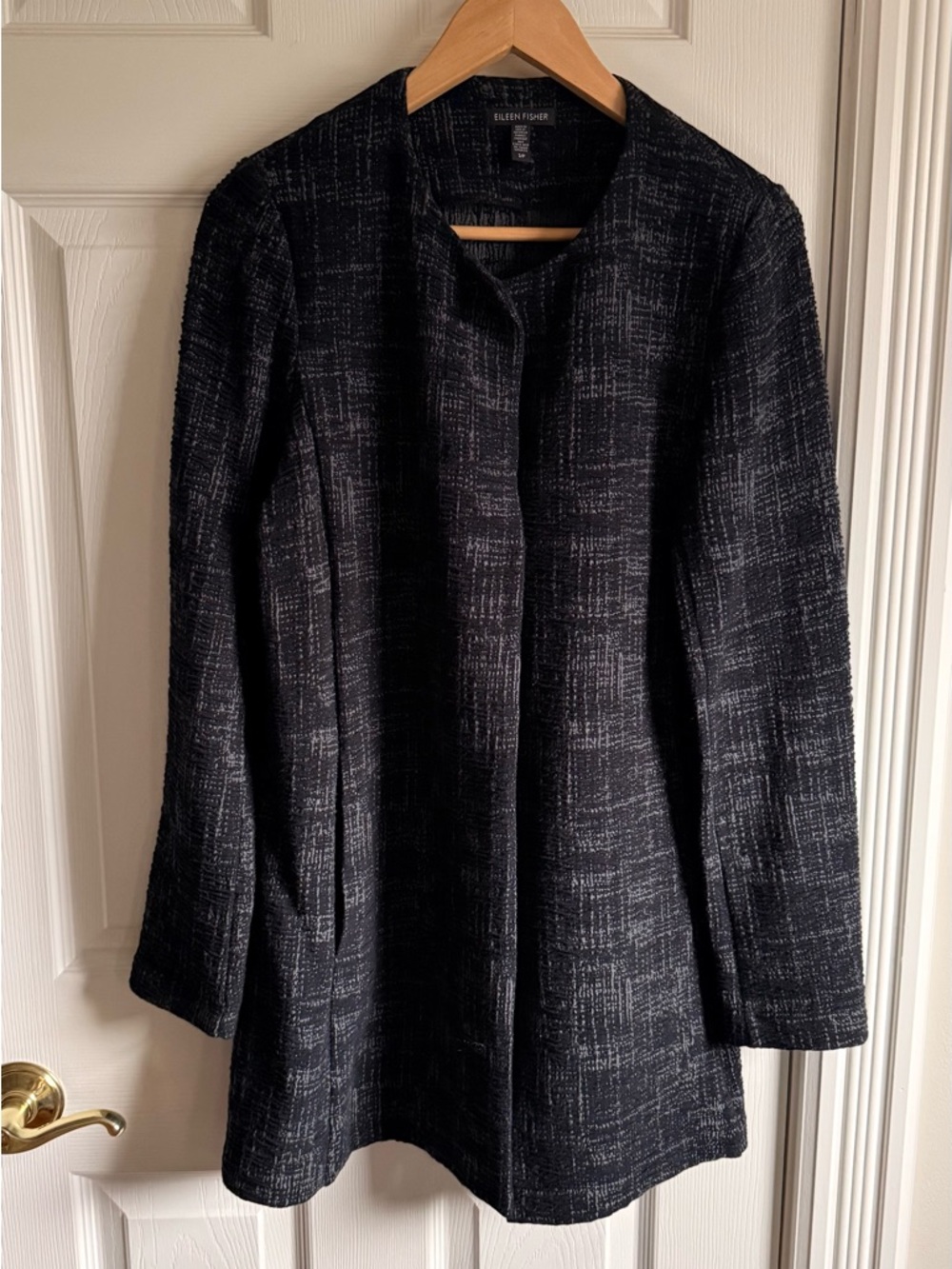 Eileen Fisher Black Textured Collarless Trench Coat